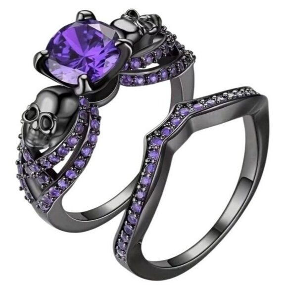 Moon Collection Jewelry - Oval Cut Purple Sapphire Engagement Wedding Gothic Skull Ring set in Rhodium